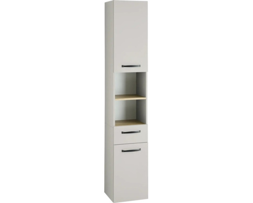 Armoire haute de salle de bain avec une porte en haut, niche ouverte avec deux étagères, un tiroir et une porte en bas, gris clair.