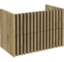 Meuble sous-vasque avec lamelles verticales aspect bois sur la face avant.