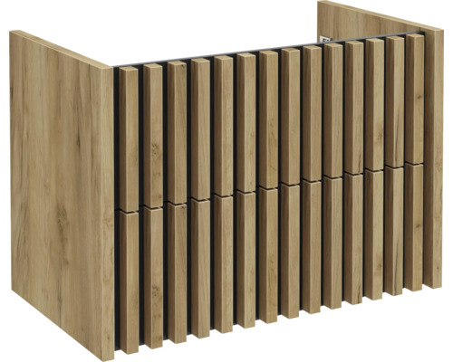 Meuble sous-vasque avec lamelles verticales aspect bois sur la face avant.