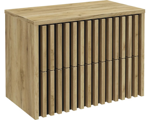 Meuble en bois avec une face avant moderne composée de lattes de bois verticales.