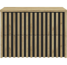 Façade d'un meuble en bois avec des lattes de bois verticales sur fond sombre et un plateau supérieur imitation bois.
