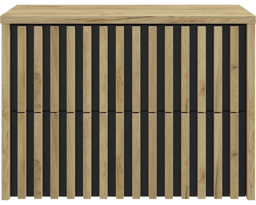 Façade d'un meuble en bois avec des lattes de bois verticales sur fond sombre et un plateau supérieur imitation bois.