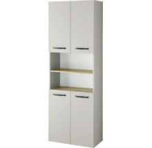 Armoire de cuisine haute avec quatre portes grises, poignées noires et deux étagères ouvertes en aspect bois clair.