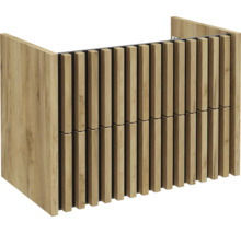 Meuble sous-vasque avec une façade en lattes de bois verticales et deux tiroirs.