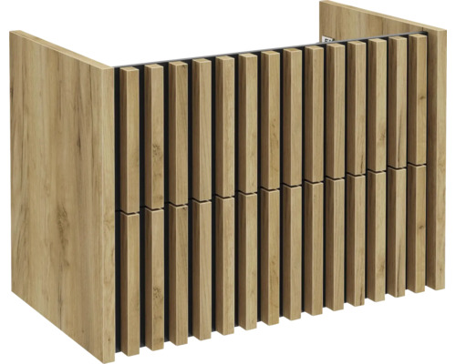 Meuble sous-vasque avec une façade en lattes de bois verticales et deux tiroirs.