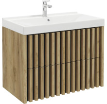 Meuble sous-vasque aspect bois avec façade à lamelles, lavabo et robinet inclus.