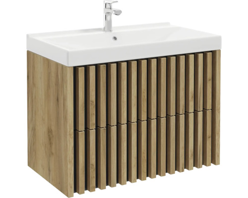 Meuble sous-vasque aspect bois avec façade à lamelles, lavabo et robinet inclus.
