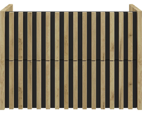 Vue de face d'un meuble de salle de bain avec des lattes en bois verticales sur fond sombre aspect chêne.