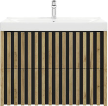 Meuble sous-vasque avec lattes en bois et lavabo en céramique avec robinetterie