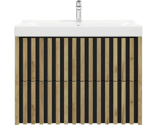 Meuble sous-vasque avec lattes en bois et lavabo en céramique avec robinetterie