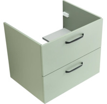 Meuble sous-vasque vert avec deux tiroirs et poignées noires.