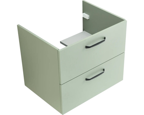 Meuble sous-vasque vert avec deux tiroirs et poignées noires.