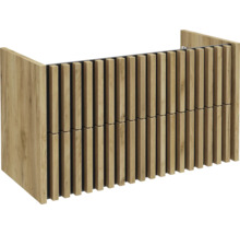 Meuble sous-vasque aspect bois avec lamelles verticales en bois sur la façade.