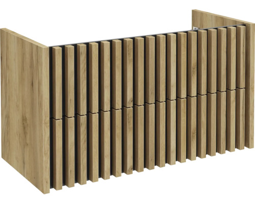 Meuble sous-vasque aspect bois avec lamelles verticales en bois sur la façade.