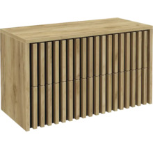Meuble effet bois avec une façade de lattes verticales en bois.
