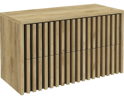 Meuble effet bois avec une façade de lattes verticales en bois.