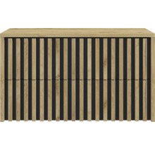 Meuble sous-vasque moderne avec façade en lattes de bois verticales sur fond noir et deux tiroirs.