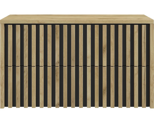 Meuble sous-vasque moderne avec façade en lattes de bois verticales sur fond noir et deux tiroirs.