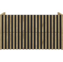 Façade d'un meuble sous-vasque avec des lattes de bois verticales aspect chêne sur fond noir.