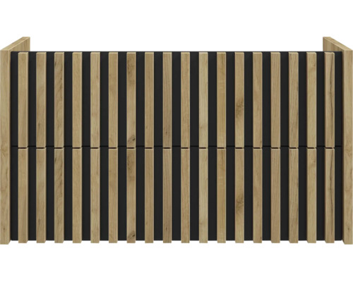 Façade d'un meuble sous-vasque avec des lattes de bois verticales aspect chêne sur fond noir.