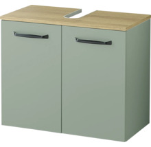 Meuble sous-vasque avec deux portes, poignées noires et un plateau aspect bois avec découpe pour siphon.