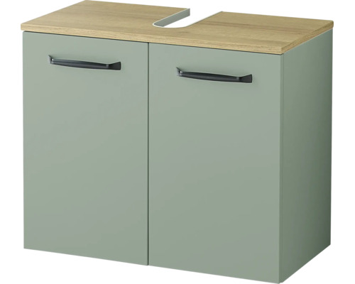 Meuble sous-vasque avec deux portes, poignées noires et un plateau aspect bois avec découpe pour siphon.