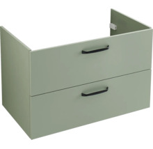 Meuble sous-vasque vert avec deux tiroirs et poignées noires.