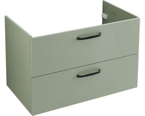 Meuble sous-vasque vert avec deux tiroirs et poignées noires.