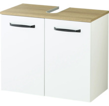Meuble sous-vasque avec deux portes blanches, poignées noires et plateau supérieur aspect bois avec découpe pour siphon.