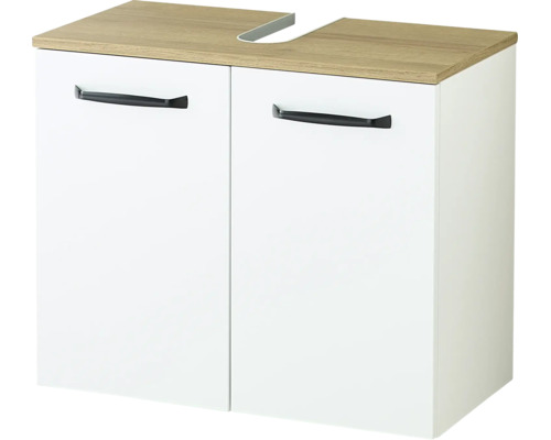 Meuble sous-vasque avec deux portes blanches, poignées noires et plateau supérieur aspect bois avec découpe pour siphon.