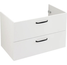 Meuble sous-vasque blanc avec deux tiroirs et poignées noires.