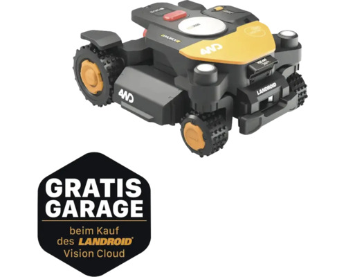 Worx Landroid Vision Cloud Mähroboter mit Allradantrieb und Hinweis auf eine kostenlose Garage beim Kauf.