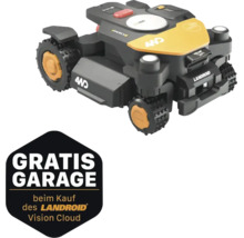 Worx Landroid Vision Cloud Mähroboter mit Allradantrieb und Hinweis auf eine kostenlose Garage beim Kauf.