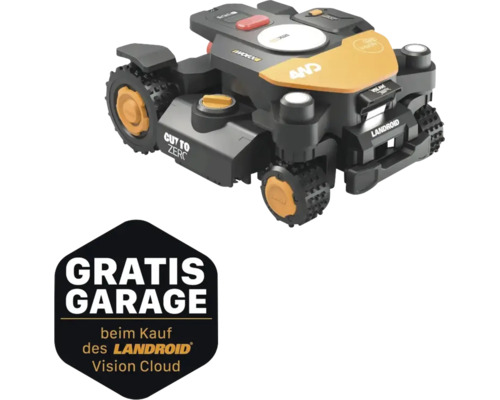 Worx Landroid Vision Mähroboter mit Allradantrieb und Kameratechnologie. Kostenlose Garage beim Kauf eines Landroid Vision Cloud.