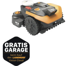 Worx Mähroboter Landroid Vision mit Kamera und Hinweis auf eine kostenlose Garage beim Kauf.