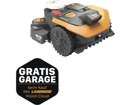 Worx Mähroboter Landroid Vision mit Kamera und Hinweis auf eine kostenlose Garage beim Kauf.