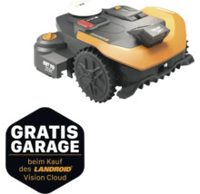 Mähroboter Worx Landroid Vision mit Hinweis auf eine kostenlose Garage beim Kauf des Geräts.