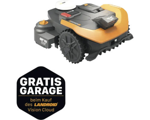 Mähroboter Worx Landroid Vision mit Hinweis auf eine kostenlose Garage beim Kauf des Geräts.
