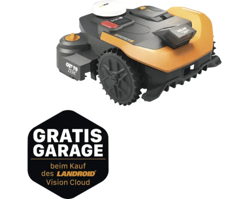 Worx Landroid Vision Mähroboter inklusive Hinweis auf eine kostenlose Garage beim Kauf.