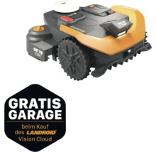 Worx Landroid Vision Mähroboter mit Aktionshinweis für eine kostenlose Garage beim Kauf eines Landroid Vision Cloud.