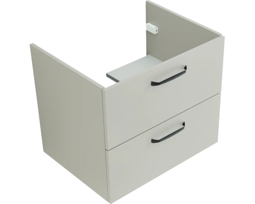 Meuble sous-vasque avec deux tiroirs et poignées noires.
