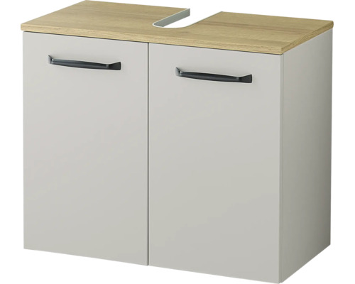 Meuble sous-vasque avec deux portes, poignées noires et un plateau aspect bois avec découpe pour le siphon.