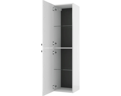 Moderner, geöffneter Badezimmer-Hochschrank in Weiss mit anthrazitfarbener Rückwand und Einlegeböden aus Glas.