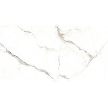 Carrelage avec effet marbre et veines grises.