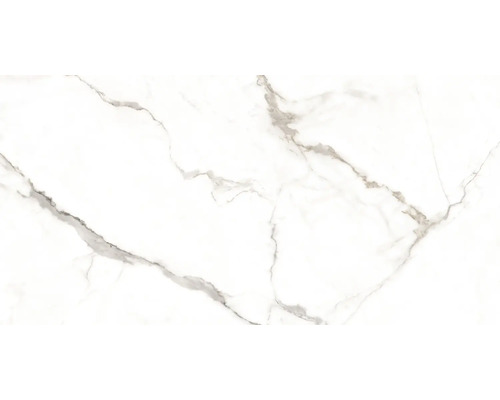 Carrelage avec effet marbre et veines grises.