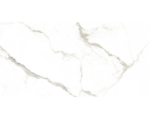 Carrelage en grès cérame aspect marbre avec veinage gris.