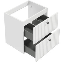 Waschbeckenunterschrank mit zwei Schubladen mit gerillter Front und schwarzen Knöpfen.