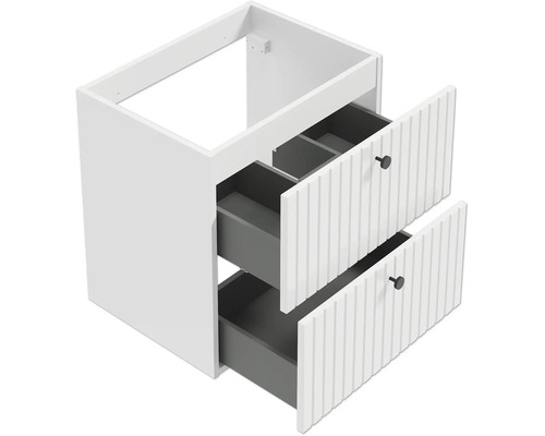Waschbeckenunterschrank mit zwei Schubladen mit gerillter Front und schwarzen Knöpfen.
