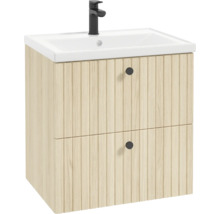 Waschtischunterschrank in Holzoptik mit gerillter Front, zwei Schubladen mit schwarzen Knöpfen, weissem Waschbecken und schwarzer Armatur.