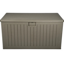Coffre de jardin en plastique avec aspect bois et couvercle, couleur taupe.